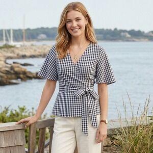 Loft 100% Cotton Wrap Top Black White Gingham Old Money Coastal Modest Size XS